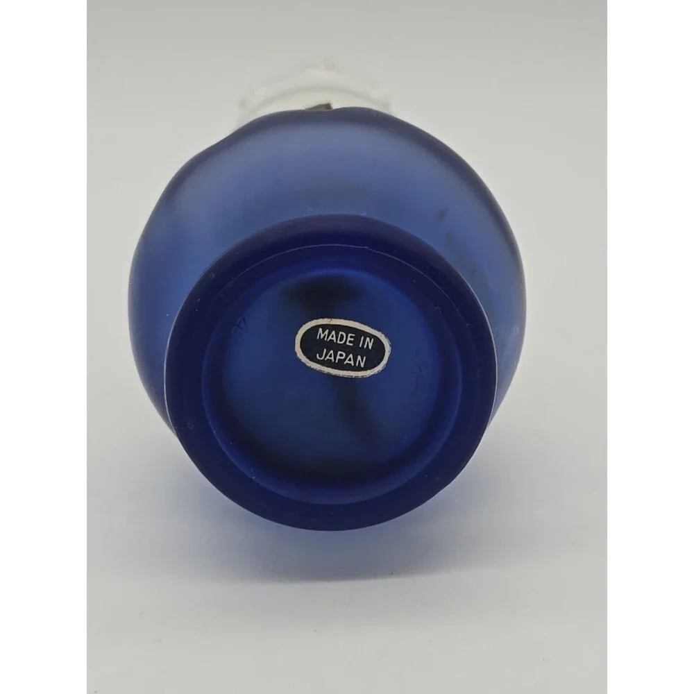 Vtg Miniature Oil Lamp Cobalt Blue Satin Glass Base Scalloped Clear Glass Top